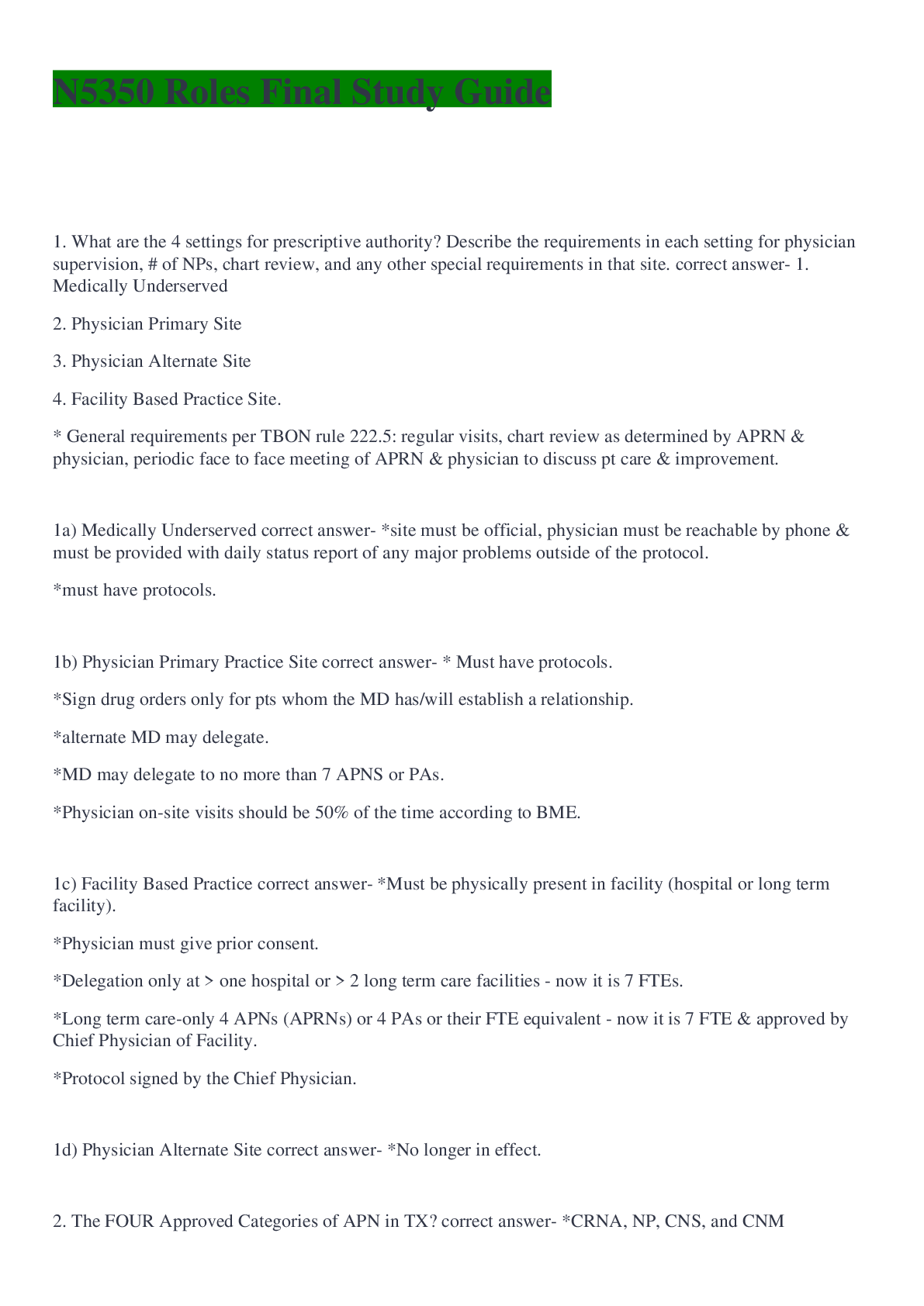 Preview of N5350 Roles Final Study Guide QUESTIONS AND ANSWERS A GRADED